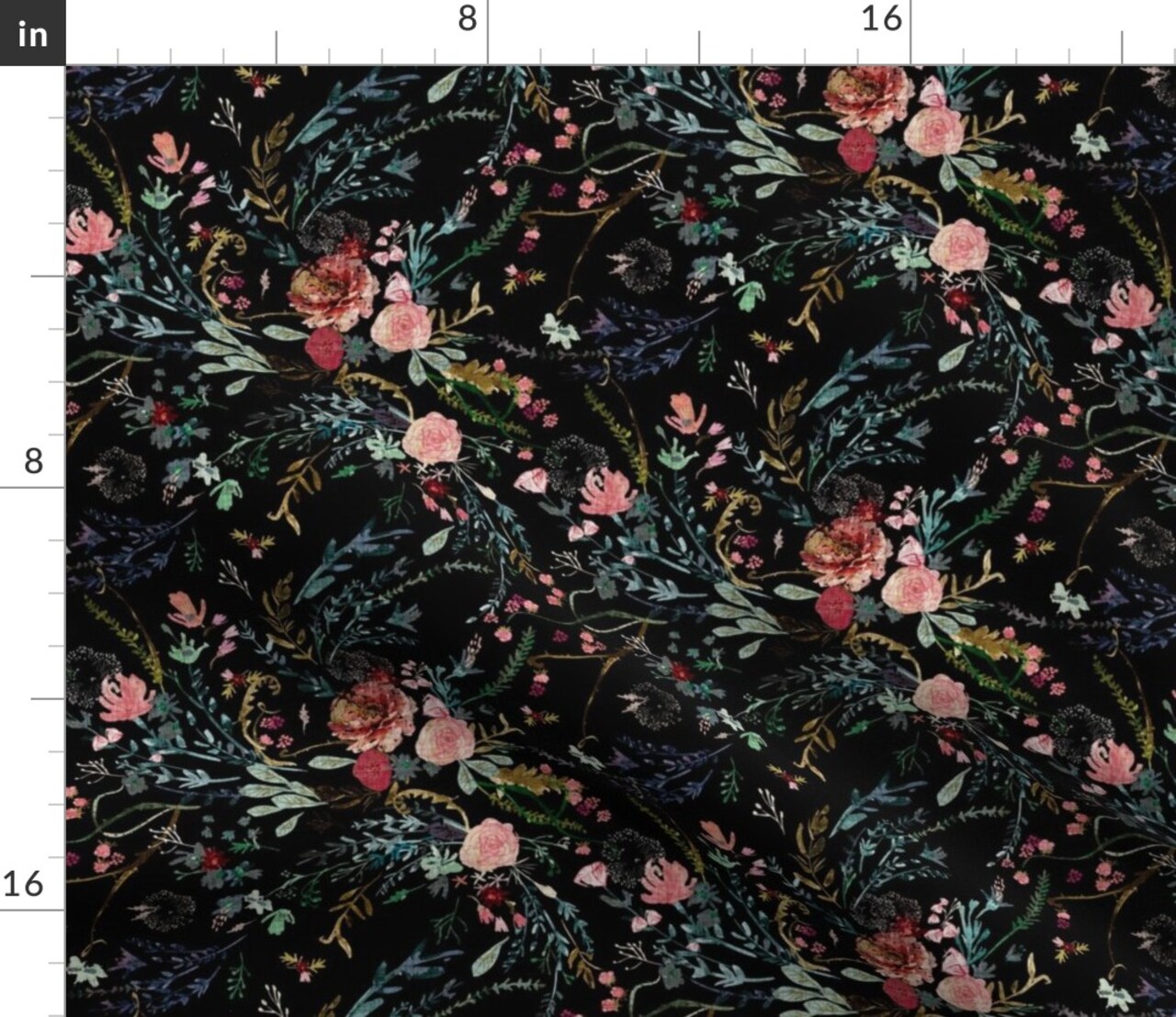 Fable Floral Black Flowers Garden Spring Rose Dark Fern Wildflowers Custom Printed Fabric by Spoonflower Various Fabrics by the Yard or Fat Quarter
